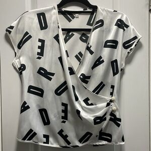 FERAUD Vintage Ivory w Black letters F E R A U D Wrap Front Top,Piped Trim 8 EUC
